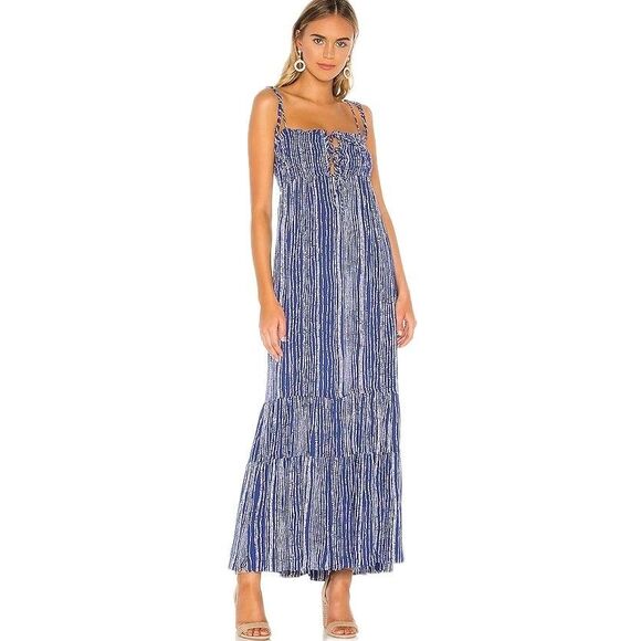 Sun Becomes Her Sayulita Maxi Dress Azul Stripe Tiered Flowy XS Smocked Boho - Picture 1 of 12